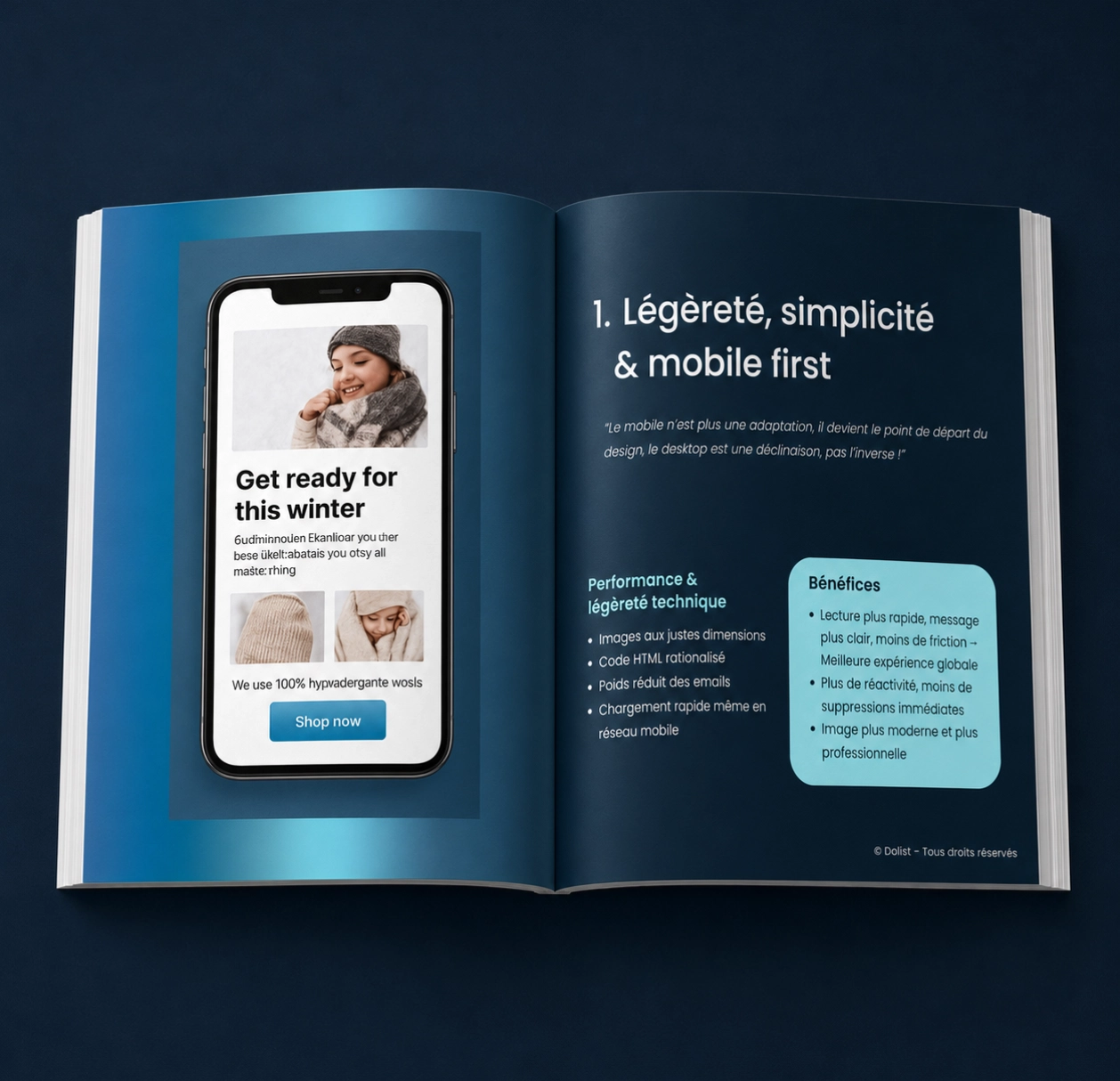 Guide ouvert présentant les tendances email design 2026 avec un exemple d’email mobile first.