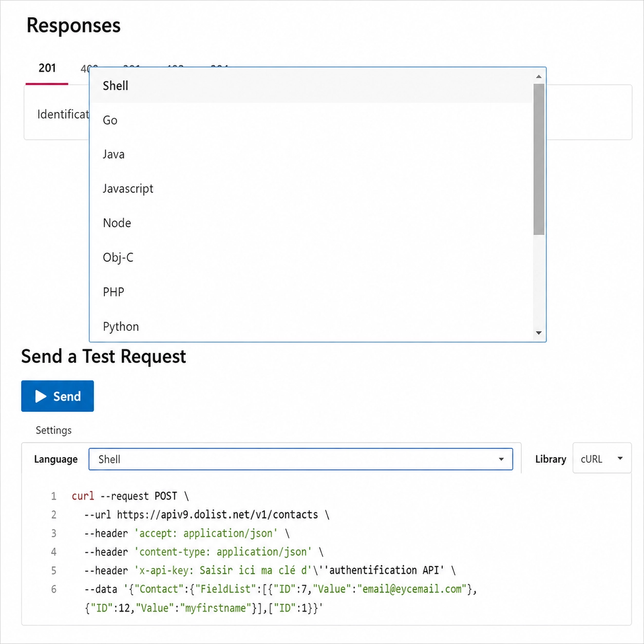 Documentation API Campaign affichant une requête de test avec sélection du langage de développement et exemple de code cURL.