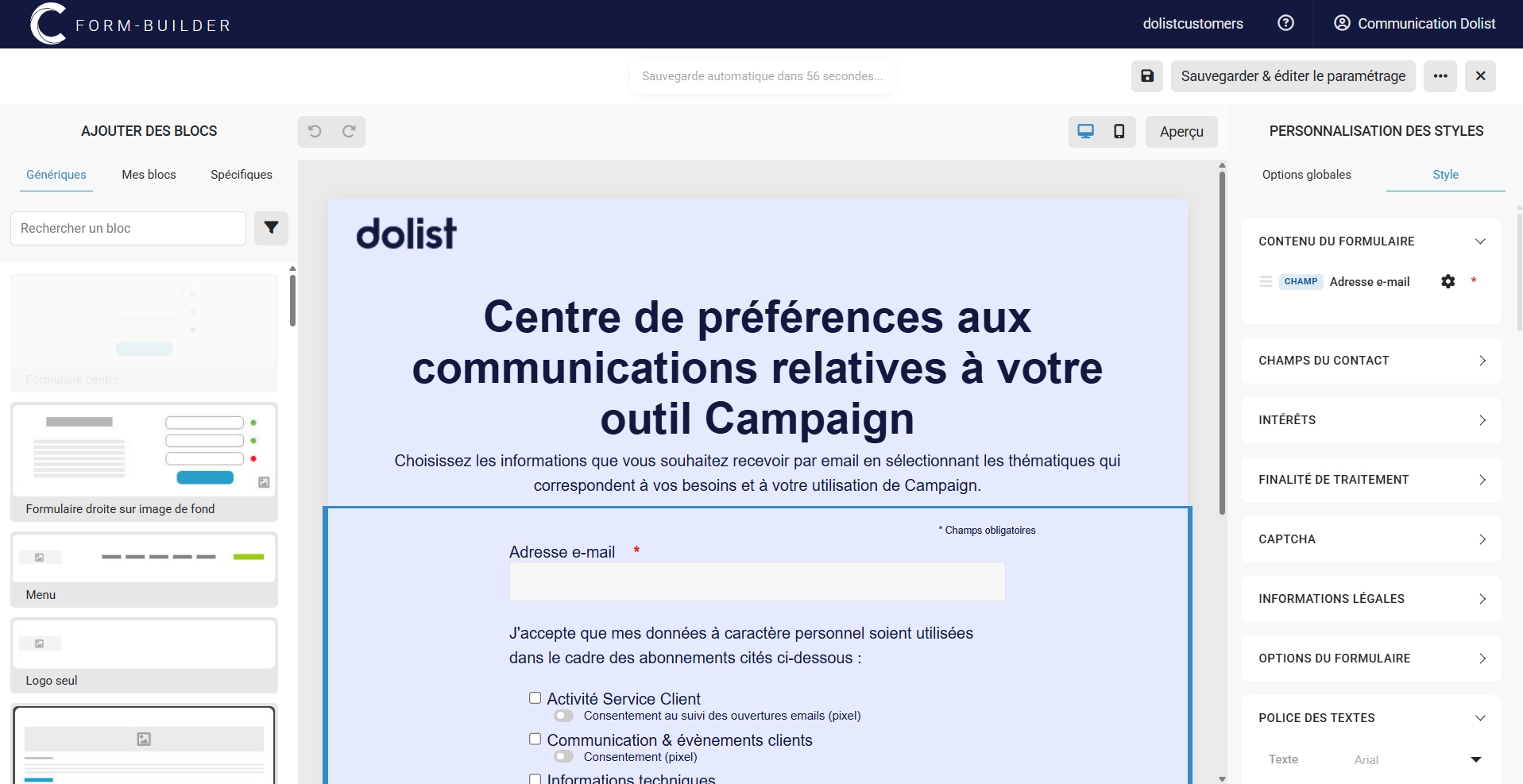 Capture d’écran de l'éditeur de Landing Page et formulaire de Campaign montrant l’interface de création et de personnalisation.