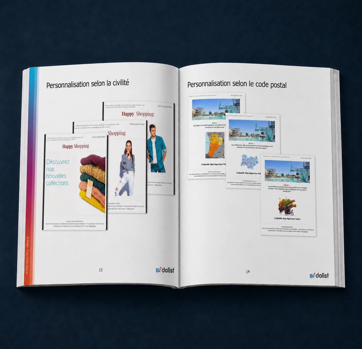 Mock-up d’un guide ouvert présentant des exemples de personnalisation e-mail selon la civilité et le code postal.