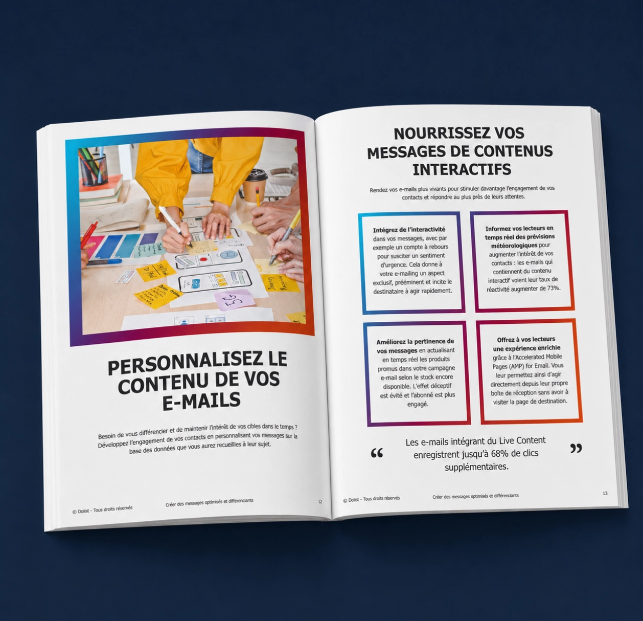Guide pratique ouvert présentant des conseils pour créer des emails optimisés, personnalisés et différenciants.