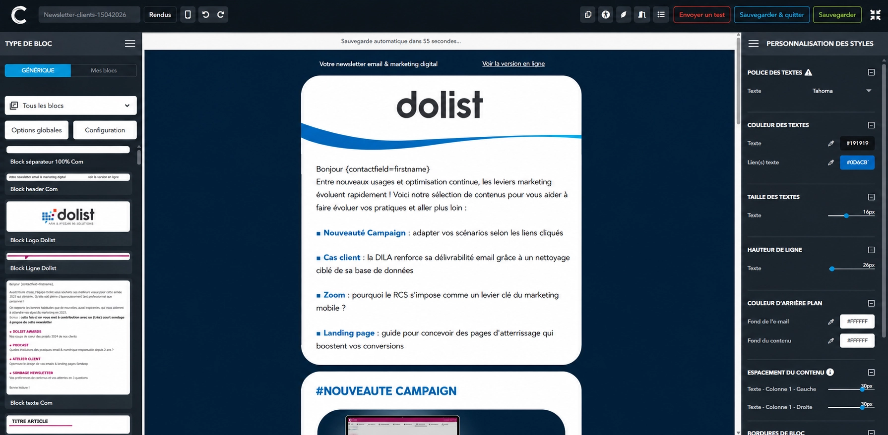 Interface d’email builder affichant une newsletter Dolist en cours de création, avec aperçu du message, blocs de contenu et panneau de personnalisation des styles.