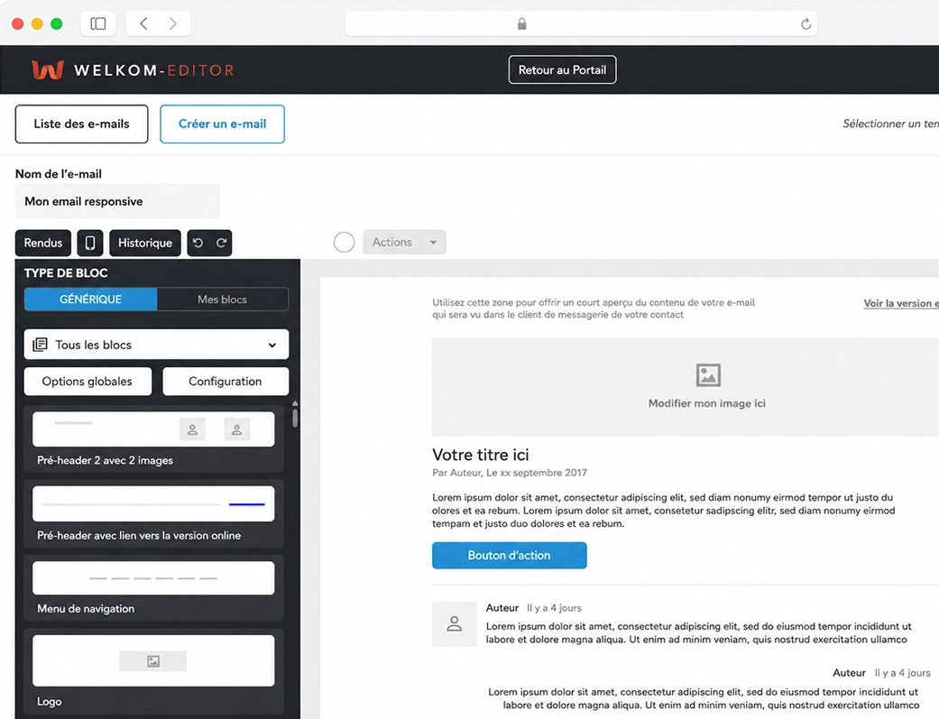 Interface Welkom Editor affichée dans un navigateur avec aperçu d’un e-mail responsive en cours de création.