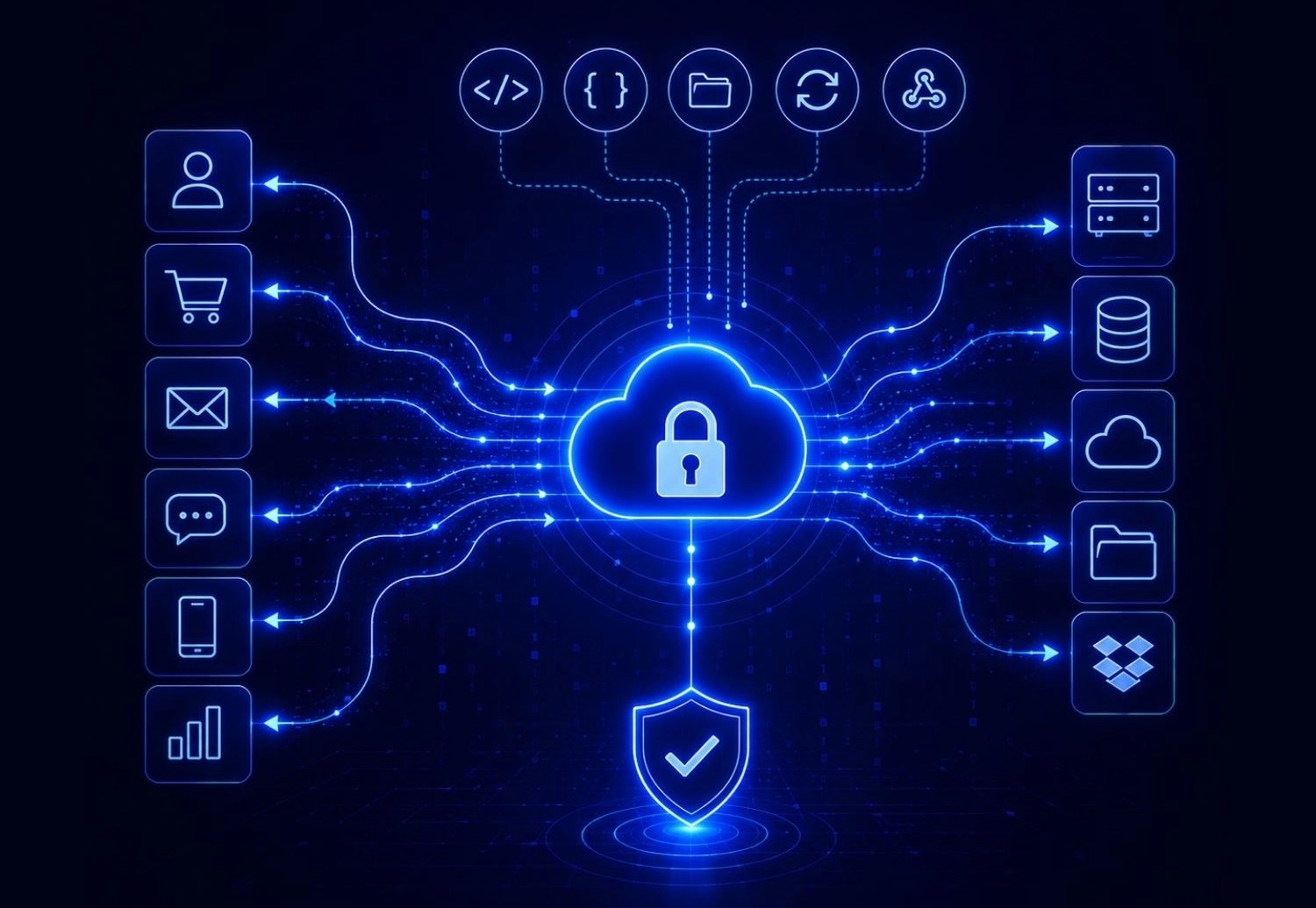 Illustration d’un cloud sécurisé connecté à des applications, bases de données, serveurs et canaux de communication.