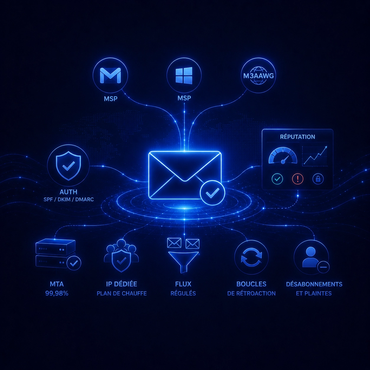Illustration d’un e-mail optimisé pour la délivrabilité avec authentification, réputation, flux régulés et gestion des désabonnements.