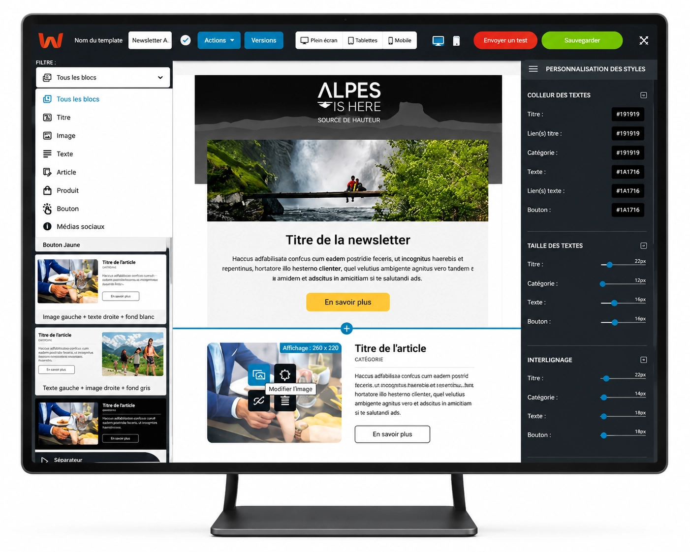 Interface Welkom Editor affichée sur un écran desktop, avec édition d’un template de newsletter, blocs de contenu et personnalisation des styles.