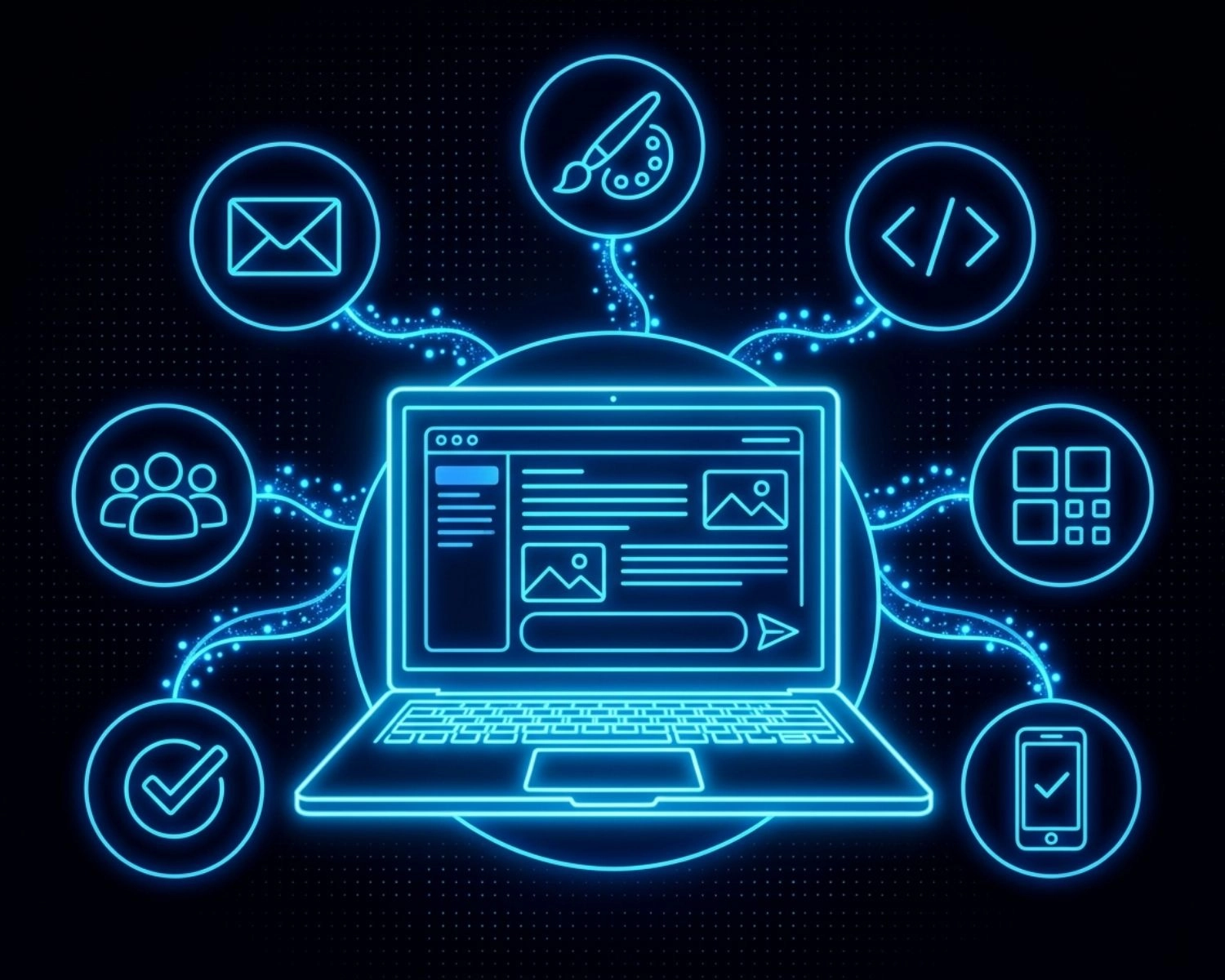 Illustration digitale représentant la création d’emails, avec ordinateur, icônes de design, code, responsive, validation et gestion des audiences.