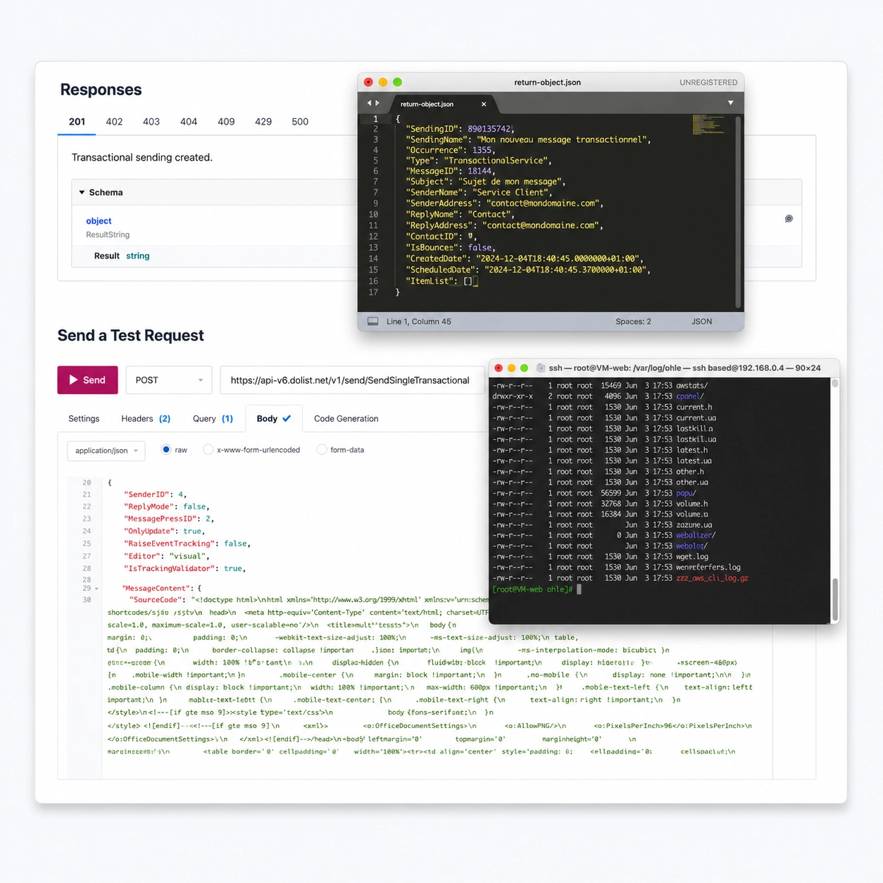 Documentation API Campaign affichant la création d’un envoi transactionnel, avec requête de test, réponse JSON et terminal serveur.