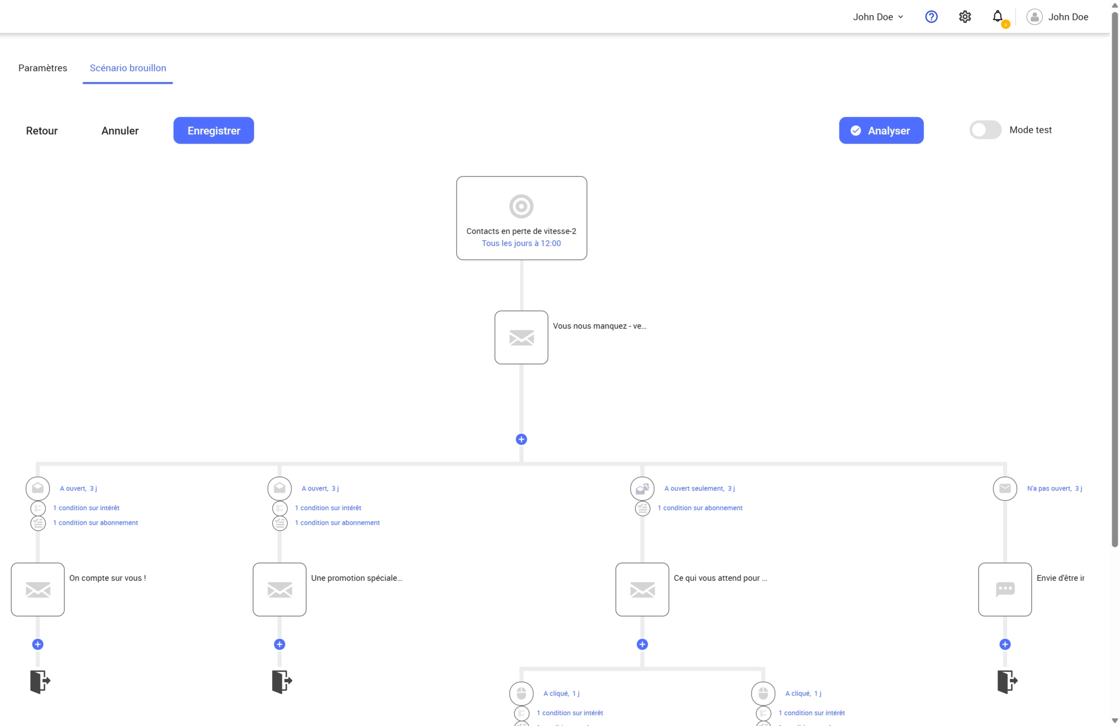 Capture d’écran de l’orchestrateur de scénarios Automation de Campaign montrant la création d’un parcours automatisé.