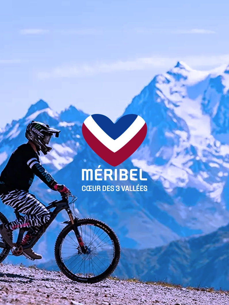 Visuel du cas client Méribel avec un vététiste en montagne et le logo de la destination, illustrant un projet de communication digitale touristique.