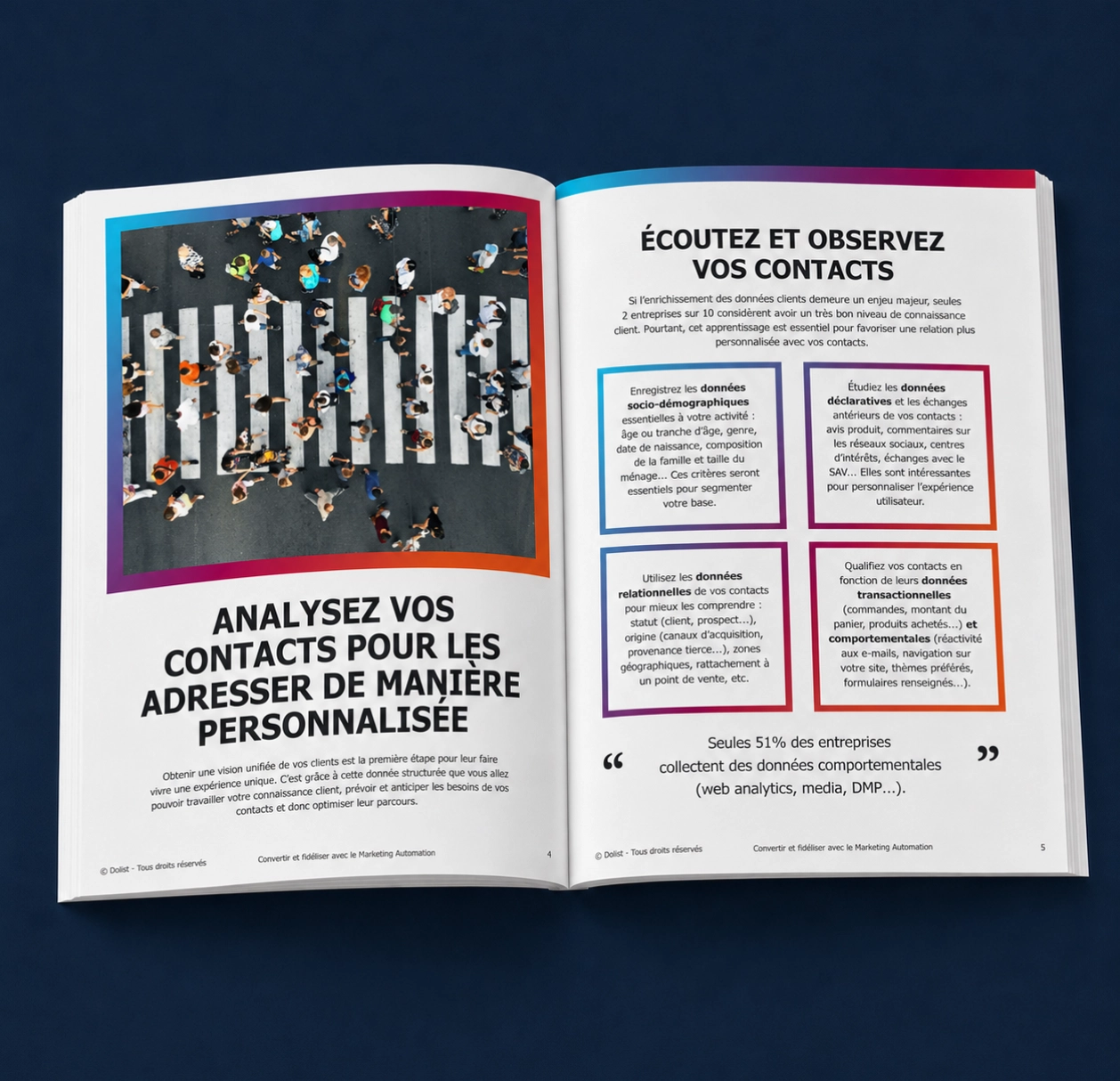 Guide pratique ouvert présentant des conseils pour convertir et fidéliser grâce au marketing automation.