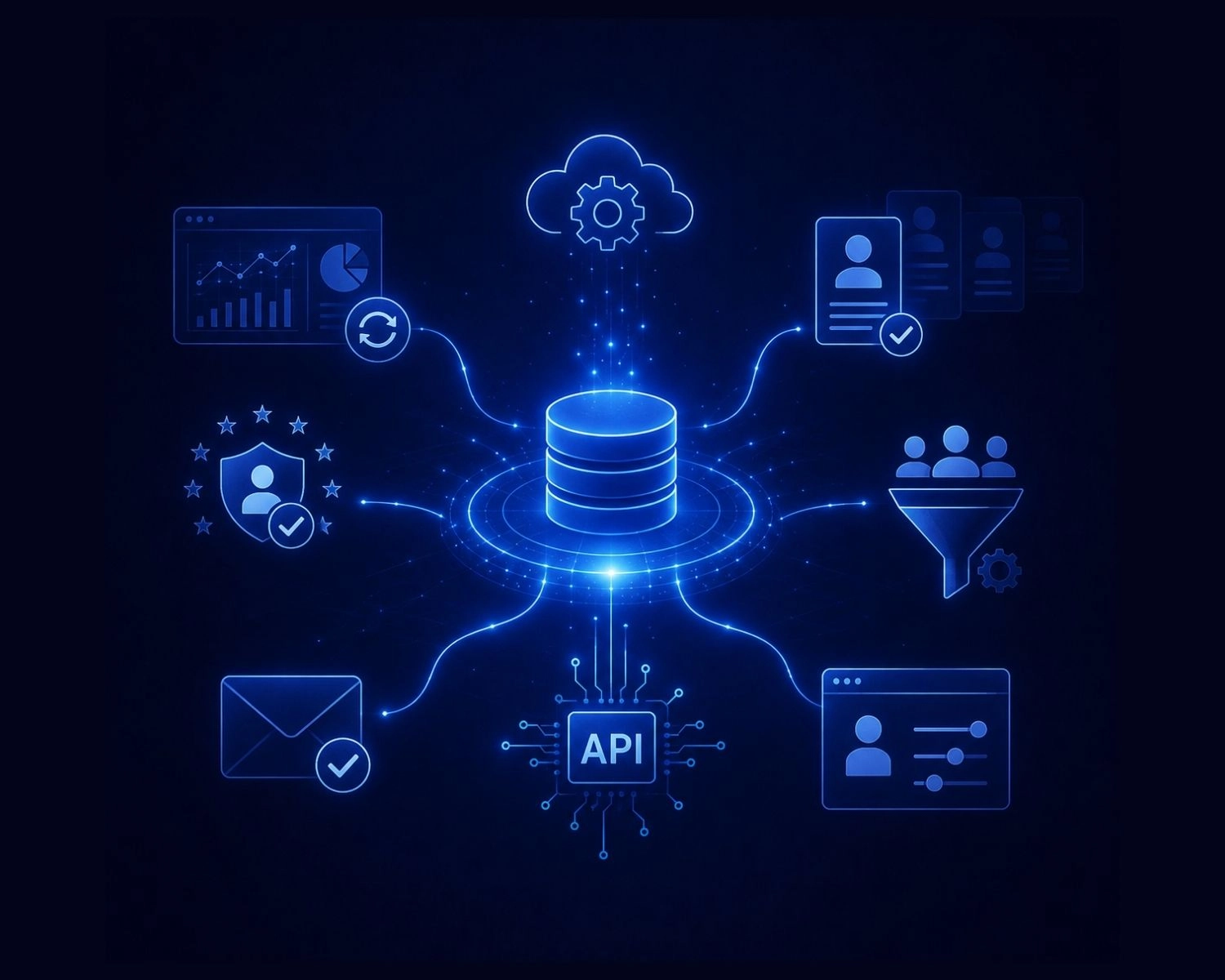 Illustration d’une base de données connectée à une API, des profils contacts, des indicateurs et des outils de segmentation.