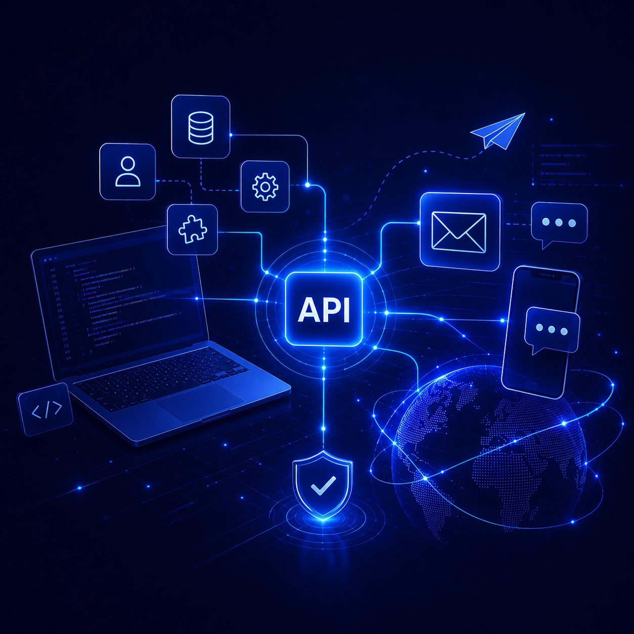 Illustration Campaign DevKit avec une API connectée à des données, applications, e-mails et SMS pour piloter des échanges automatisés.