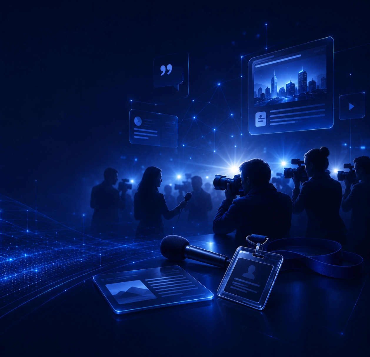 Illustration bleue représentant un espace presse digital avec journalistes, caméras, micro et contenus médias en ligne.