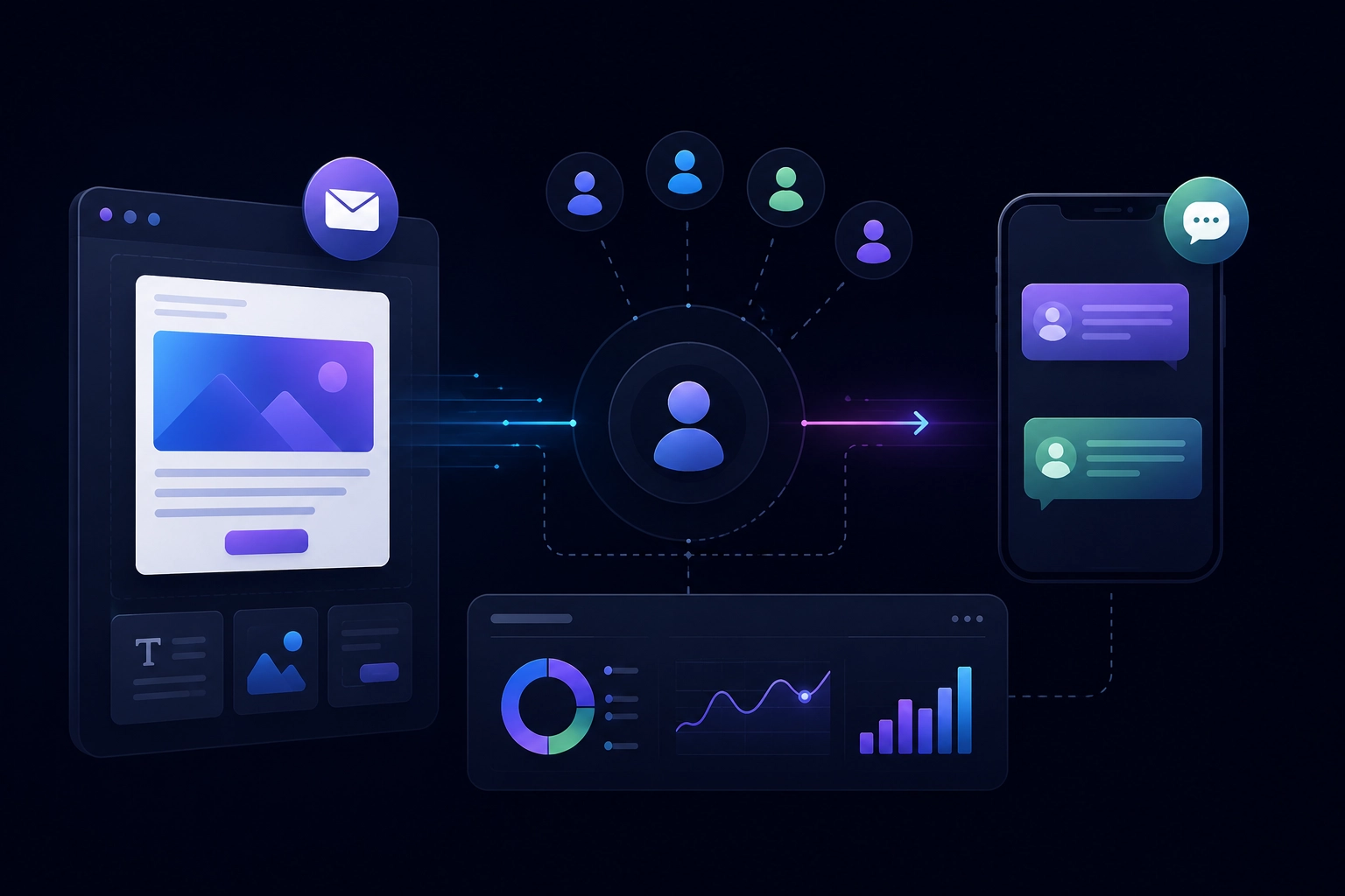Illustration d’une campagne e-mail envoyée vers différents segments d’audience, avec diffusion sur mobile et analyse des performances.