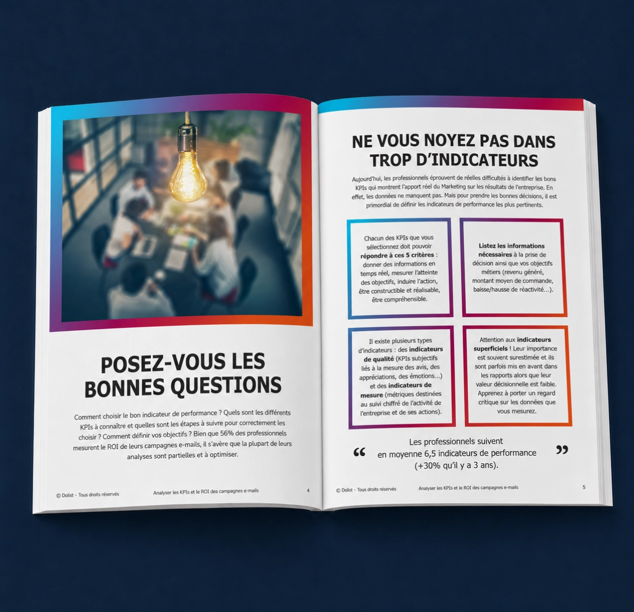 Guide pratique ouvert présentant des conseils pour analyser les KPIs et le ROI des campagnes email.