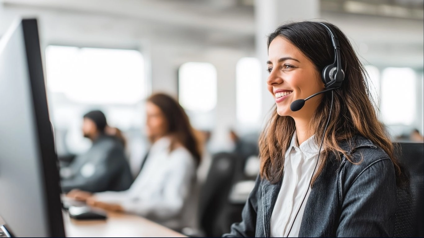 Conseillère souriante avec casque audio devant son ordinateur, illustrant l’accompagnement commercial et la demande de démonstration.