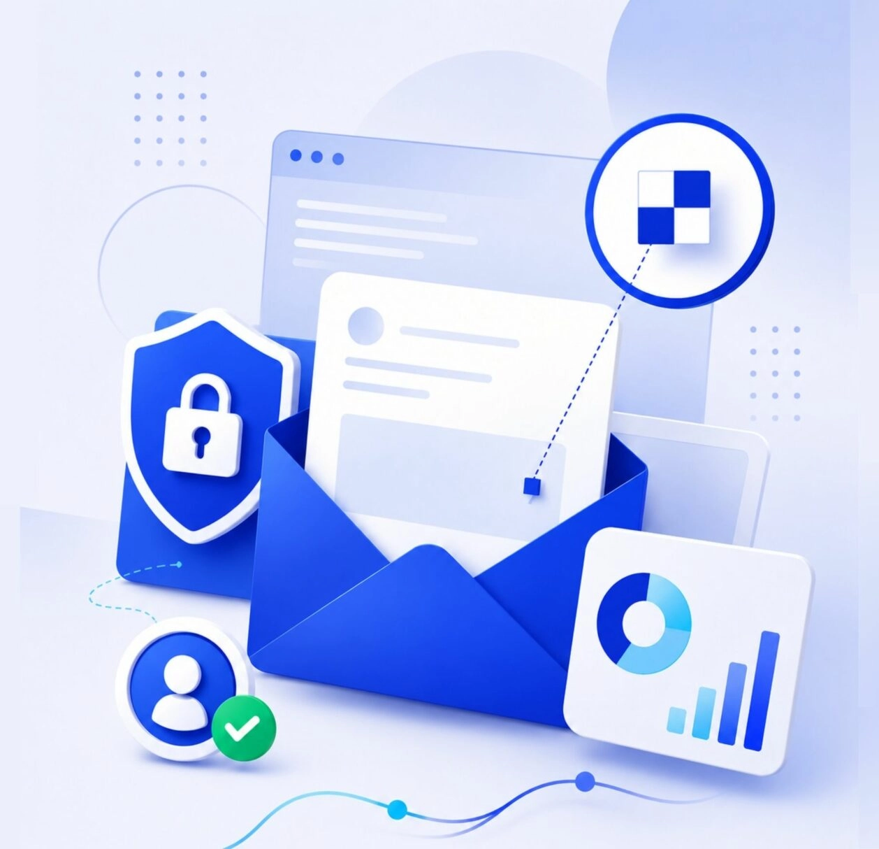 Illustration digitale isométrique représentant le tracking email, l’analyse de données et les enjeux de confidentialité autour des campagnes emailing dans un univers technologique moderne.