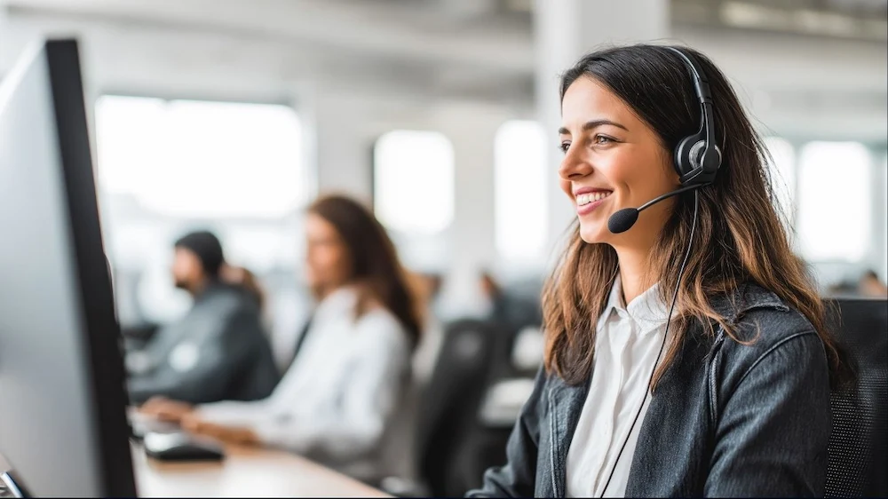 Conseillère souriante avec casque audio devant son ordinateur, illustrant l’accompagnement commercial et la demande de démonstration.