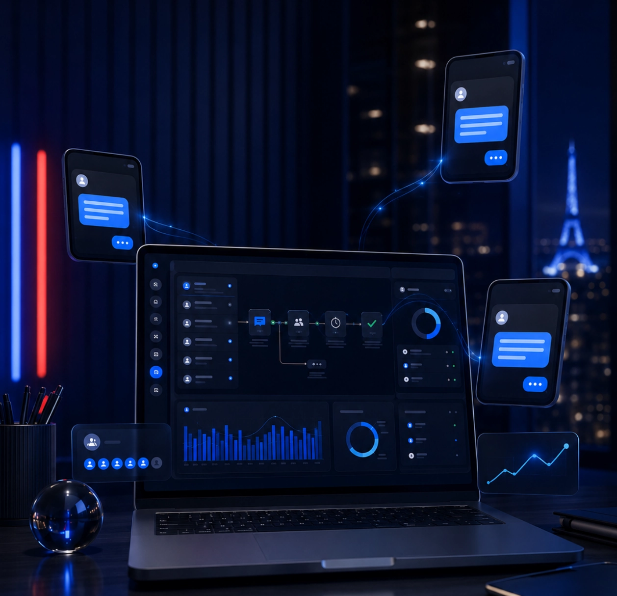 Illustration d’une plateforme de SMS marketing B2B avec tableau de bord, scénarios automatisés et messages mobiles