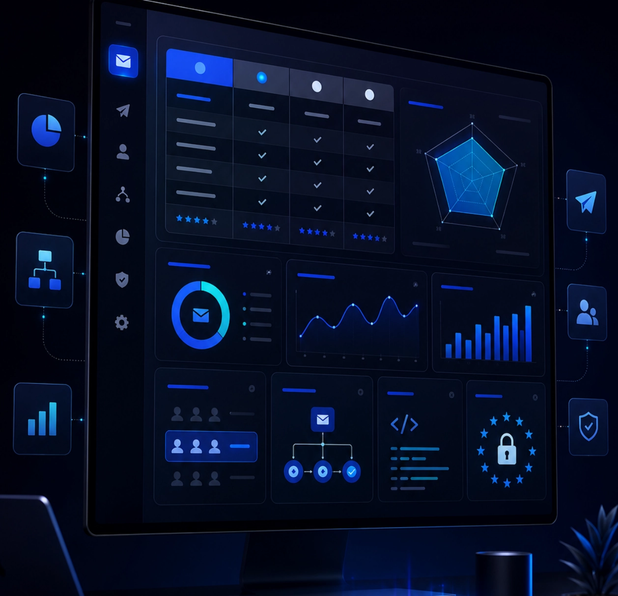 Interface de logiciel emailing B2B affichant des tableaux de bord, indicateurs de performance et modules de comparaison.