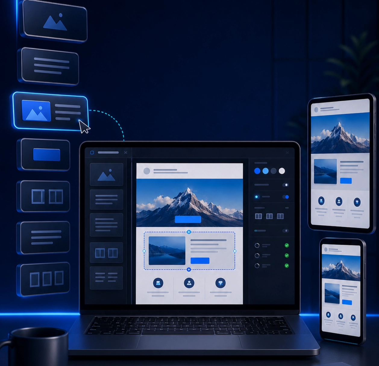 Illustration d’un email builder drag-and-drop avec blocs modulaires, aperçu responsive et interface de création d’email