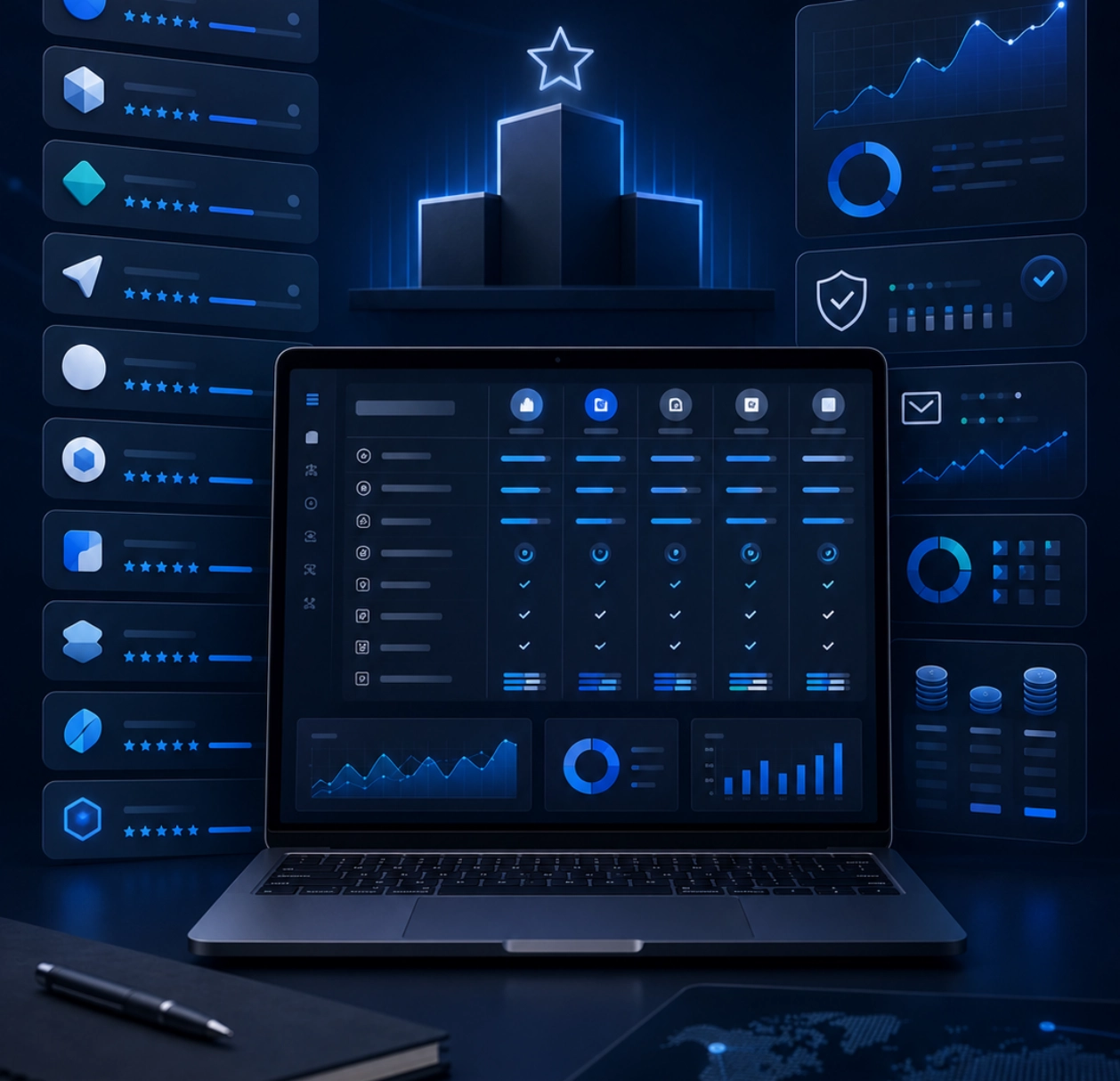 Illustration d’un comparatif de logiciels emailing B2B avec classement, critères de choix et tableau de bord d’évaluation