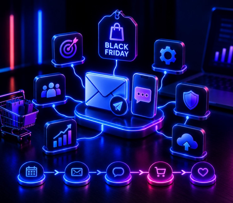 Illustration 3D représentant un écosystème de campagnes digitales connectées autour d’un email, avec des icônes de données, segmentation, sécurité, performance et automatisation.