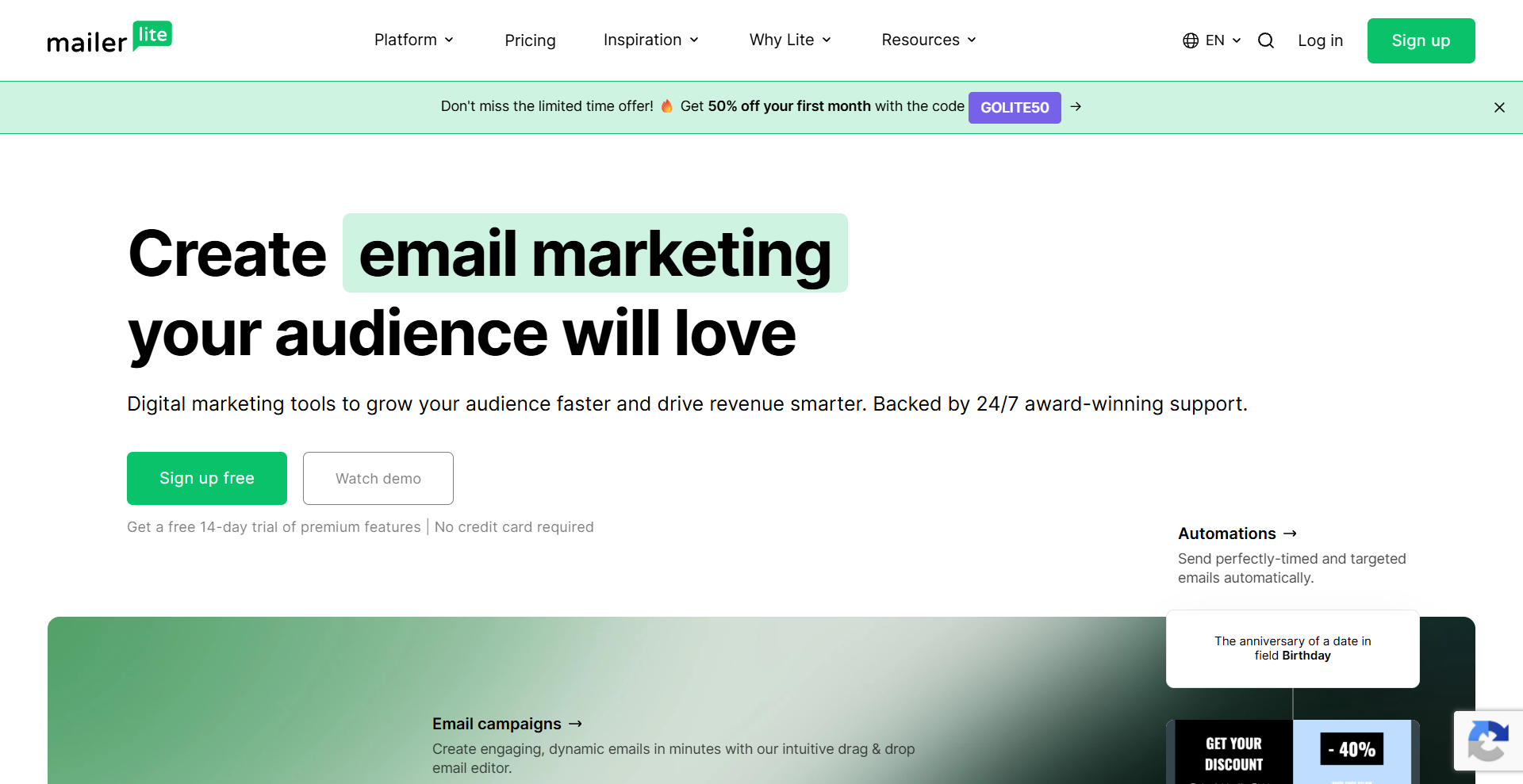 Capture d'écran de l'interface de la plateforme MailerLite