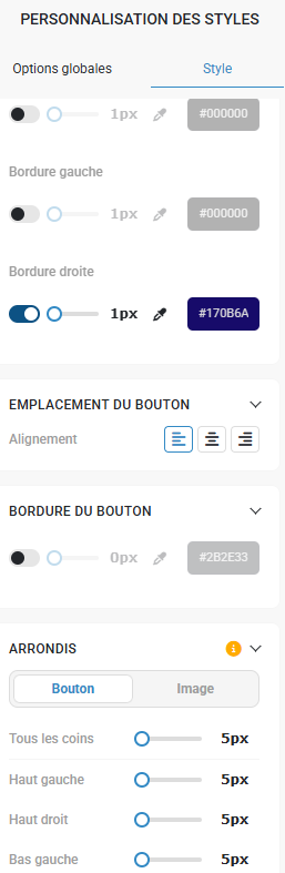 Panneau de personnalisation des styles du Builder Campaign avec les options de réglage des polices, espacements et autres paramètres de mise en forme.