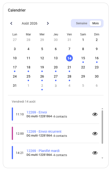 Calendrier des envois de Campaign affichant les campagnes et communications planifiées sur différentes dates.