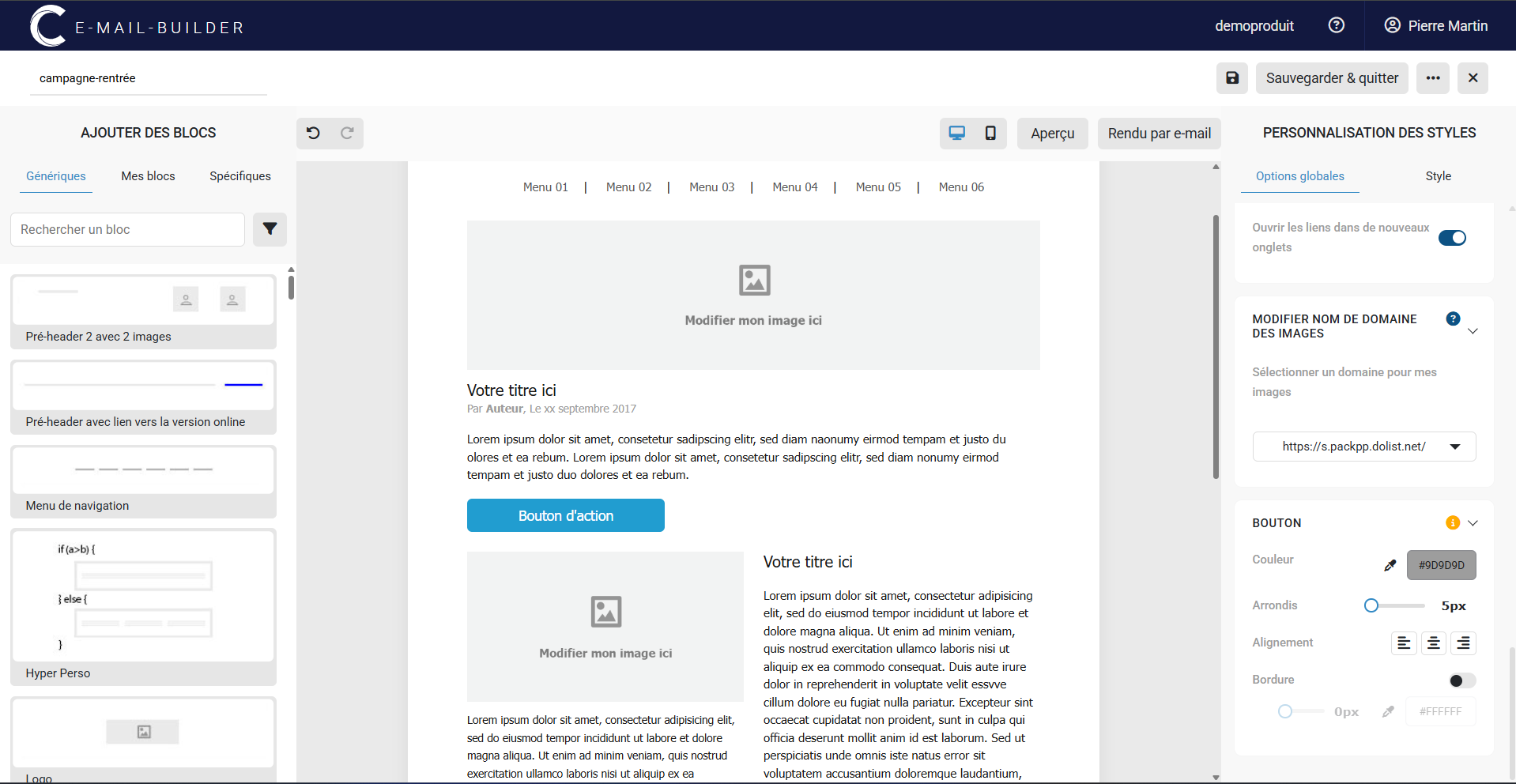 Vue globale du nouveau Builder de Campaign avec son interface en plein écran dédiée à la création et à la personnalisation d’emails et de landing pages.