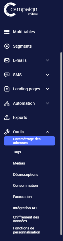 Menu latéral de Campaign présentant les différentes rubriques et fonctionnalités de la plateforme email et SMS.