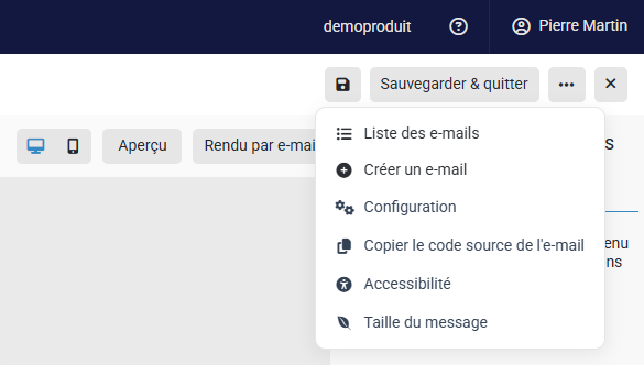 Menu de configuration du Builder Campaign accessible depuis les trois petits points et regroupant plusieurs fonctionnalités et options.