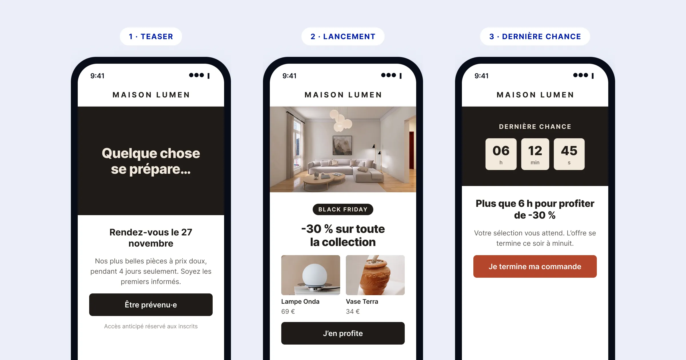 Trois emails Black Friday affichés sur smartphone pour une marque de décoration : un teaser annonçant l'opération, un email de lancement avec -30 % sur la collection et un email de dernière chance avec compte à rebours
