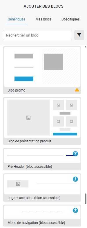 Panneau des blocs du Builder Campaign avec les catégories Blocs génériques, Mes blocs et Blocs spécifiques, ainsi qu’une barre de recherche.