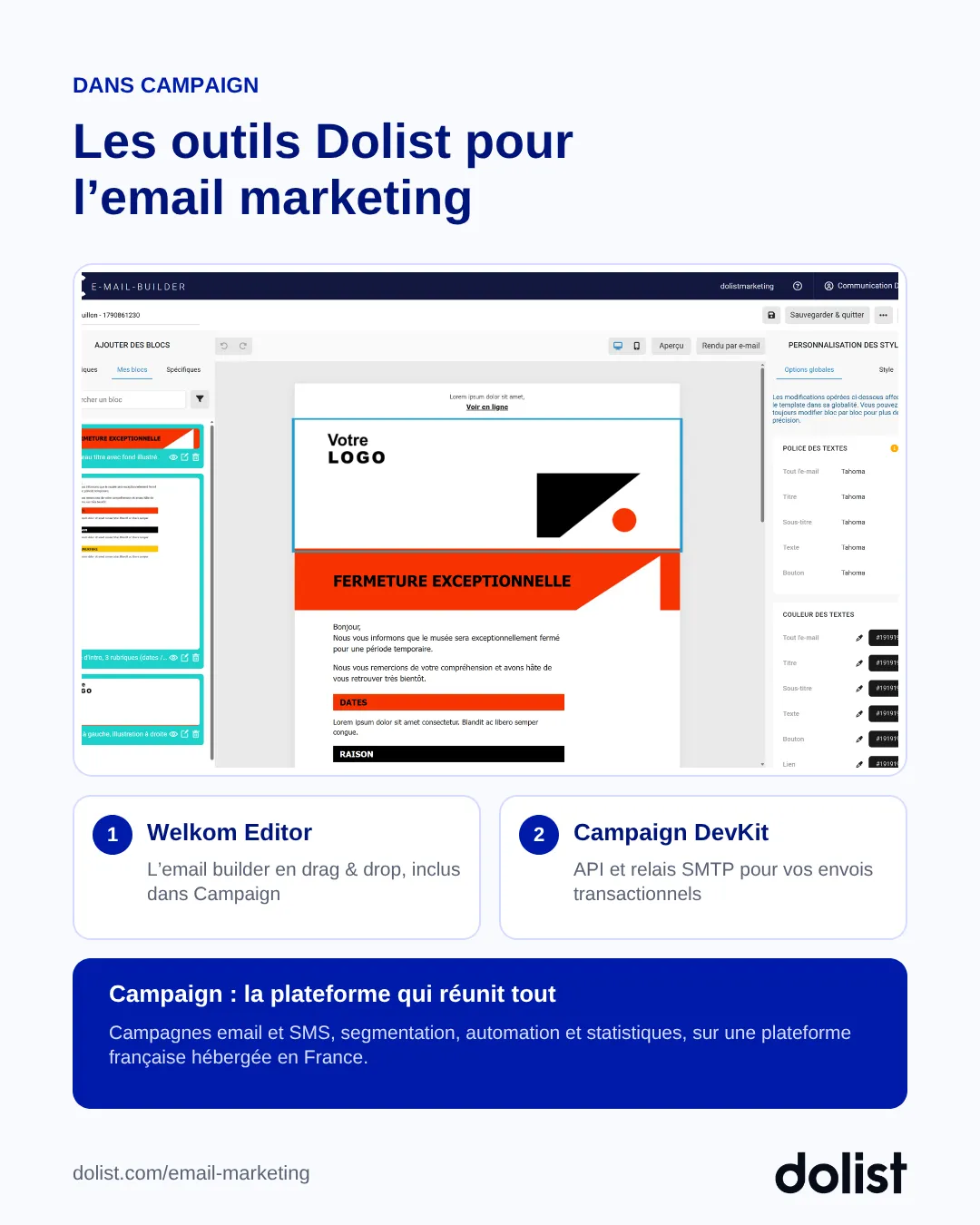 Capture de l'email builder Welkom Editor dans Campaign, avec les cartes Welkom Editor et Campaign DevKit