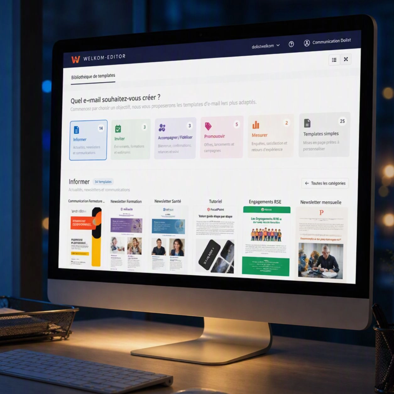 Écran affichant l’interface Welkom Editor avec une bibliothèque de templates e-mail prêts à personnaliser.