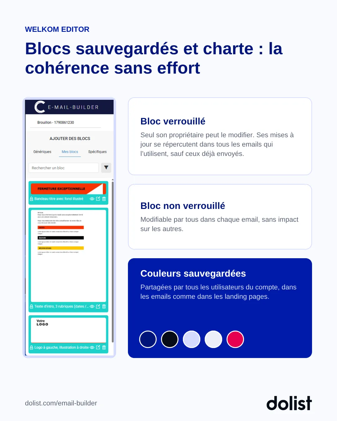 Menu Mes blocs de Welkom Editor avec des blocs verrouillés, et explication des blocs verrouillés, non verrouillés et des couleurs sauvegardées