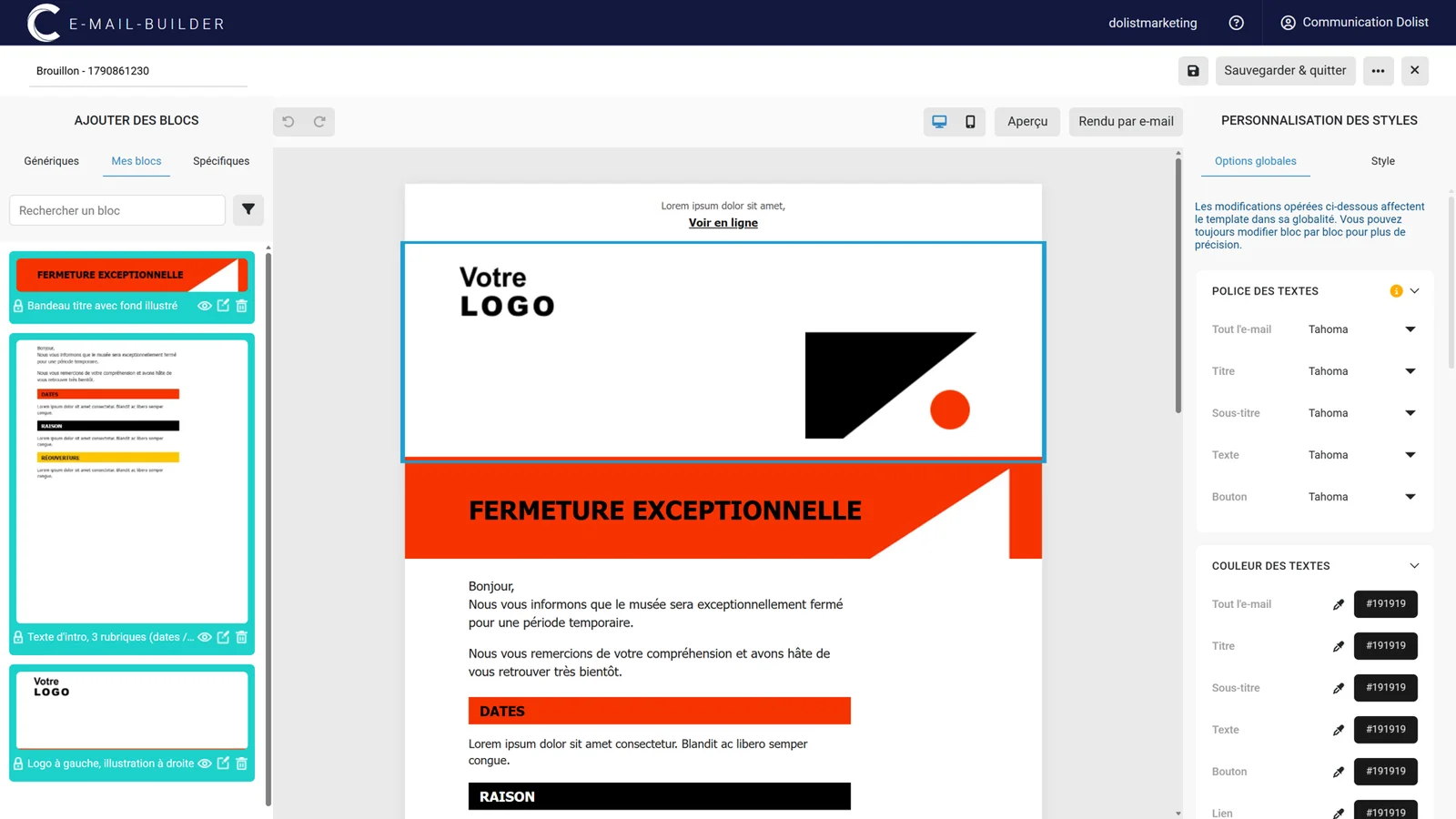 Création d'un email dans l'email builder de Campaign, avec la bibliothèque de blocs à gauche, l'aperçu du message au centre et la personnalisation des styles à droite