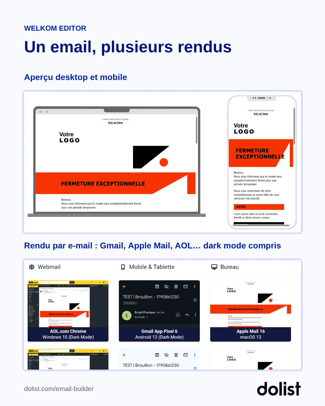 Aperçu desktop et mobile d'un email dans Welkom Editor et rendus par client de messagerie, dark mode compris