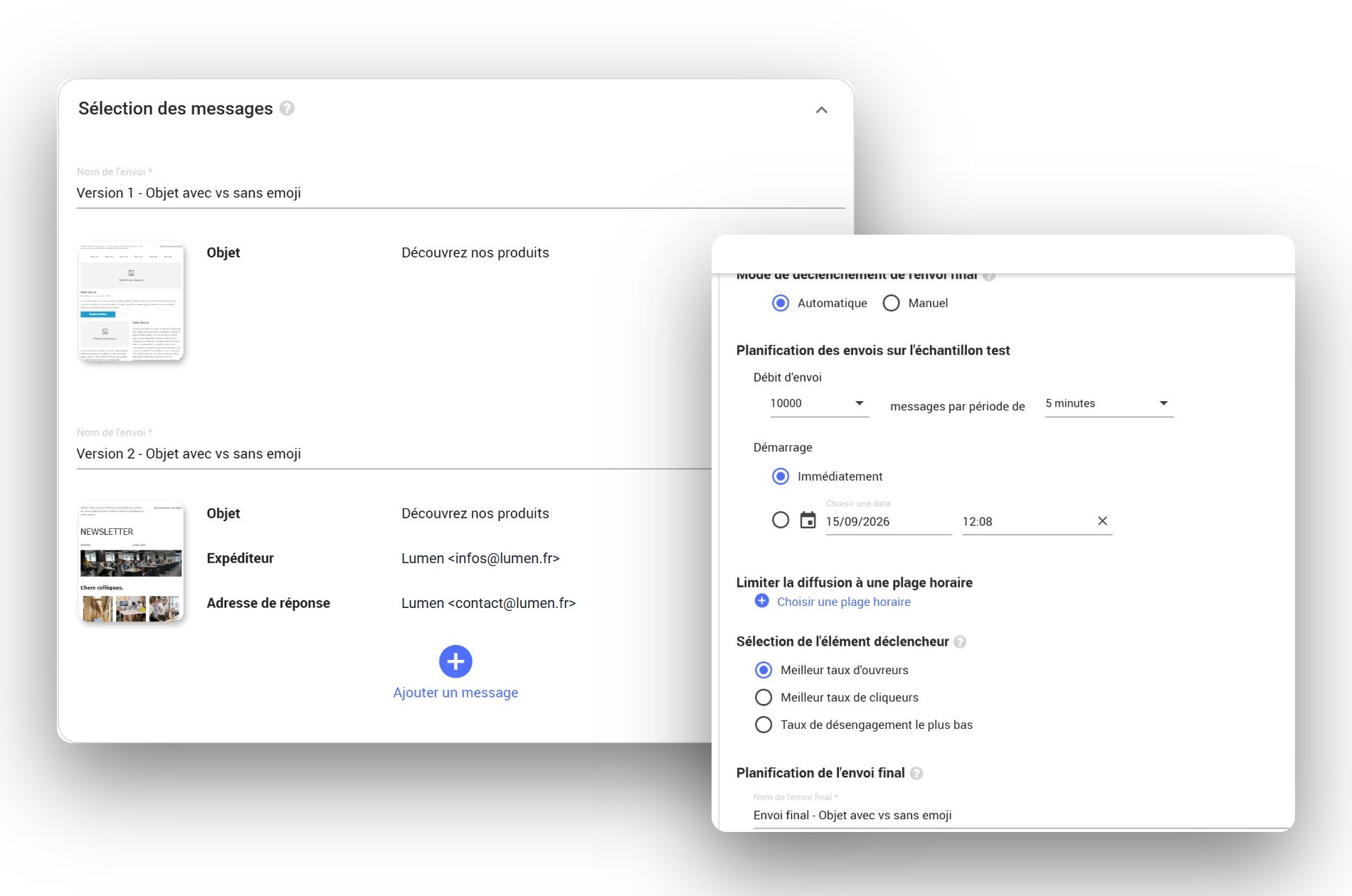 Sélection des messages et paramétrage d'un A/B test e-mail dans Campaign