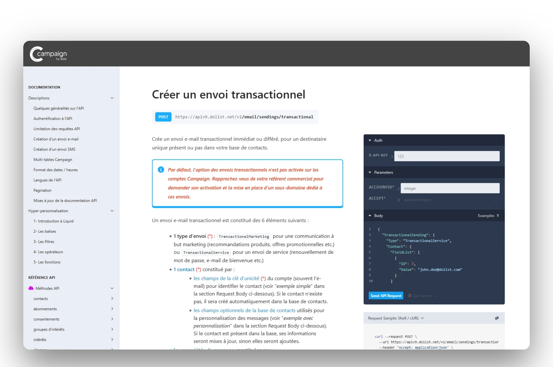 Documentation de la méthode API Créer un envoi transactionnel de Campaign avec sa console d'essai