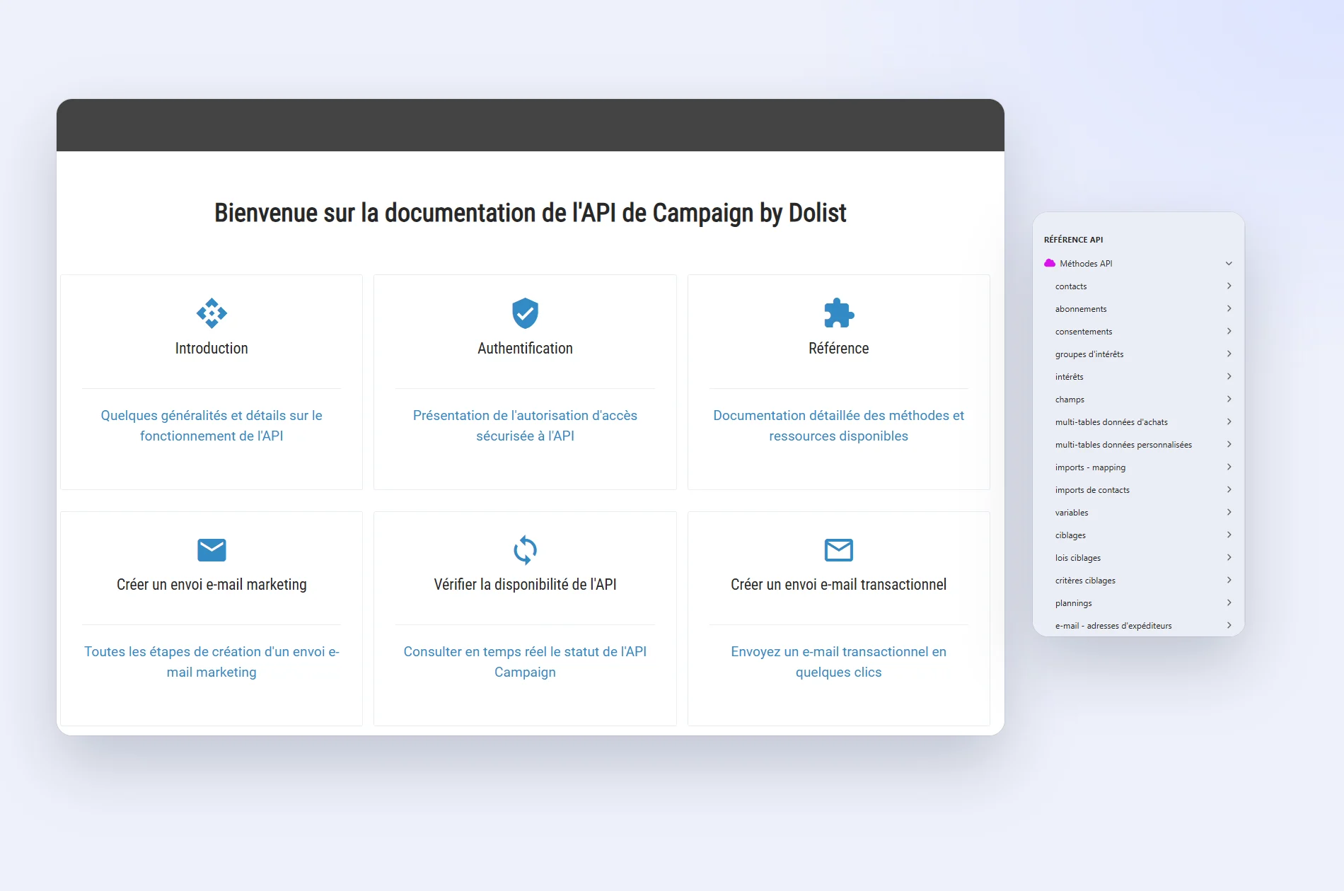 Page d'accueil de la documentation publique de l'API Campaign et liste des méthodes API