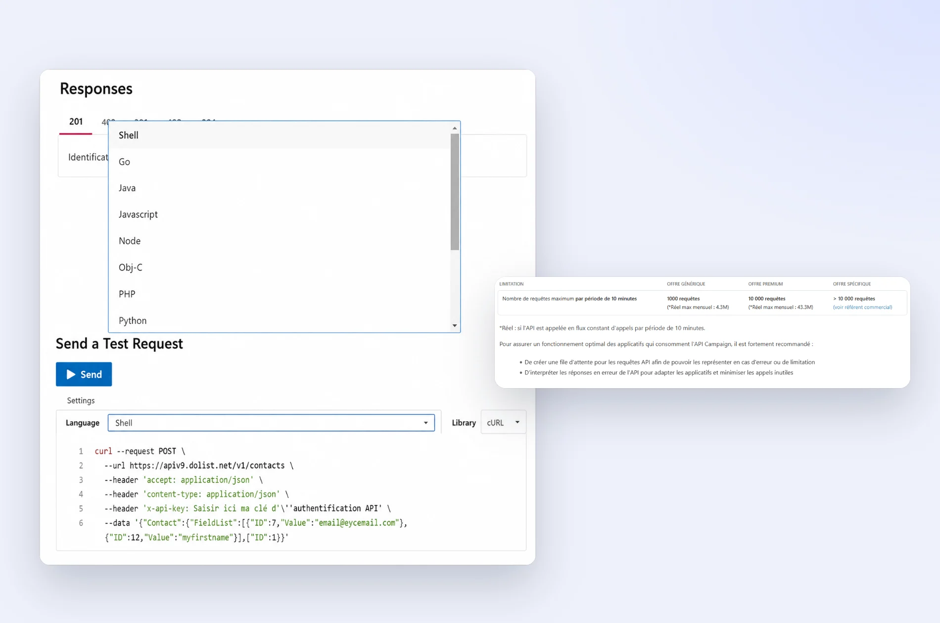 Exemples de code par langage et limites de requêtes de l'API Campaign