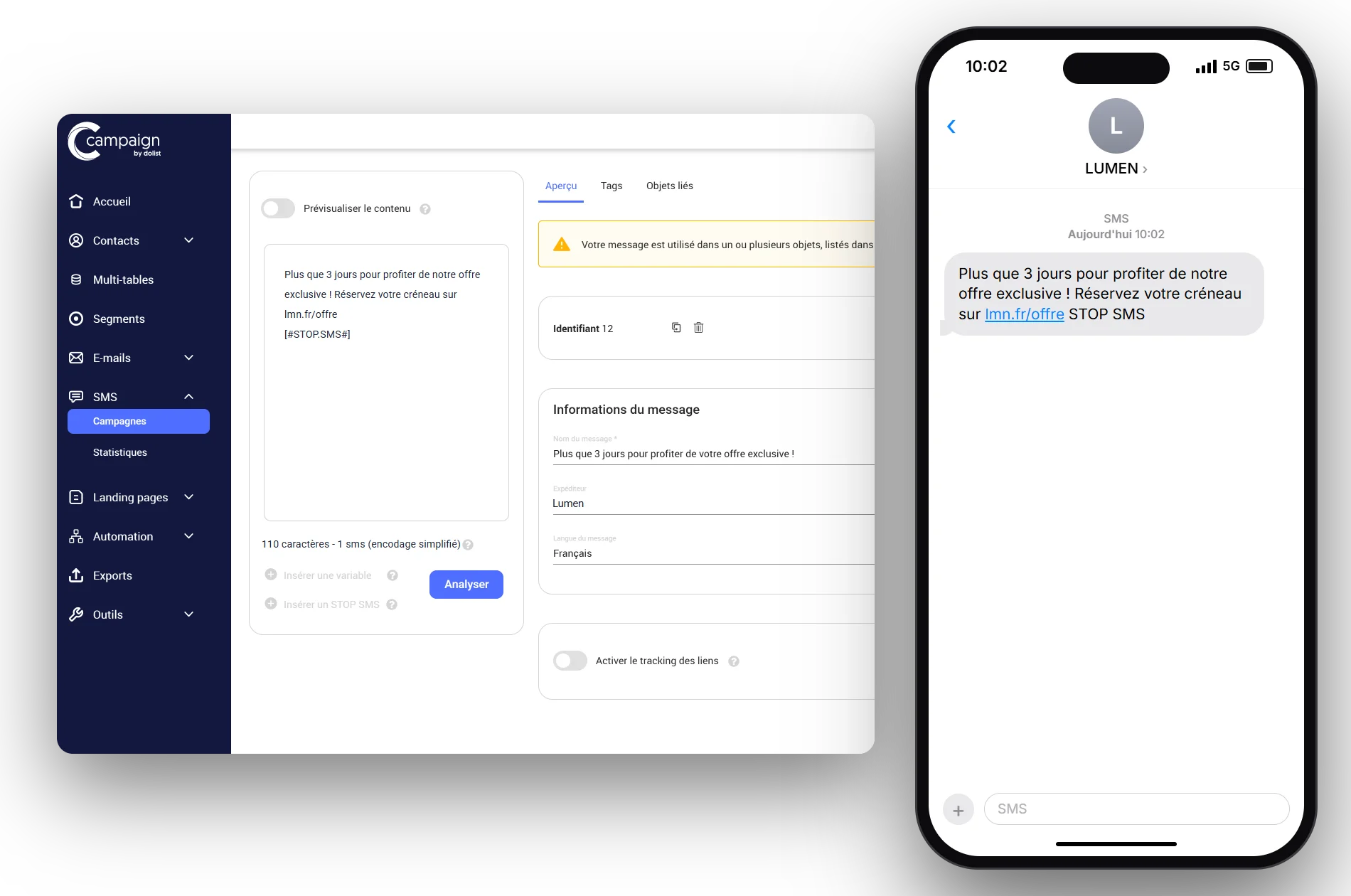 Création d'un SMS dans Campaign avec compteur de caractères, mention STOP SMS, bouton Analyser et aperçu sur téléphone