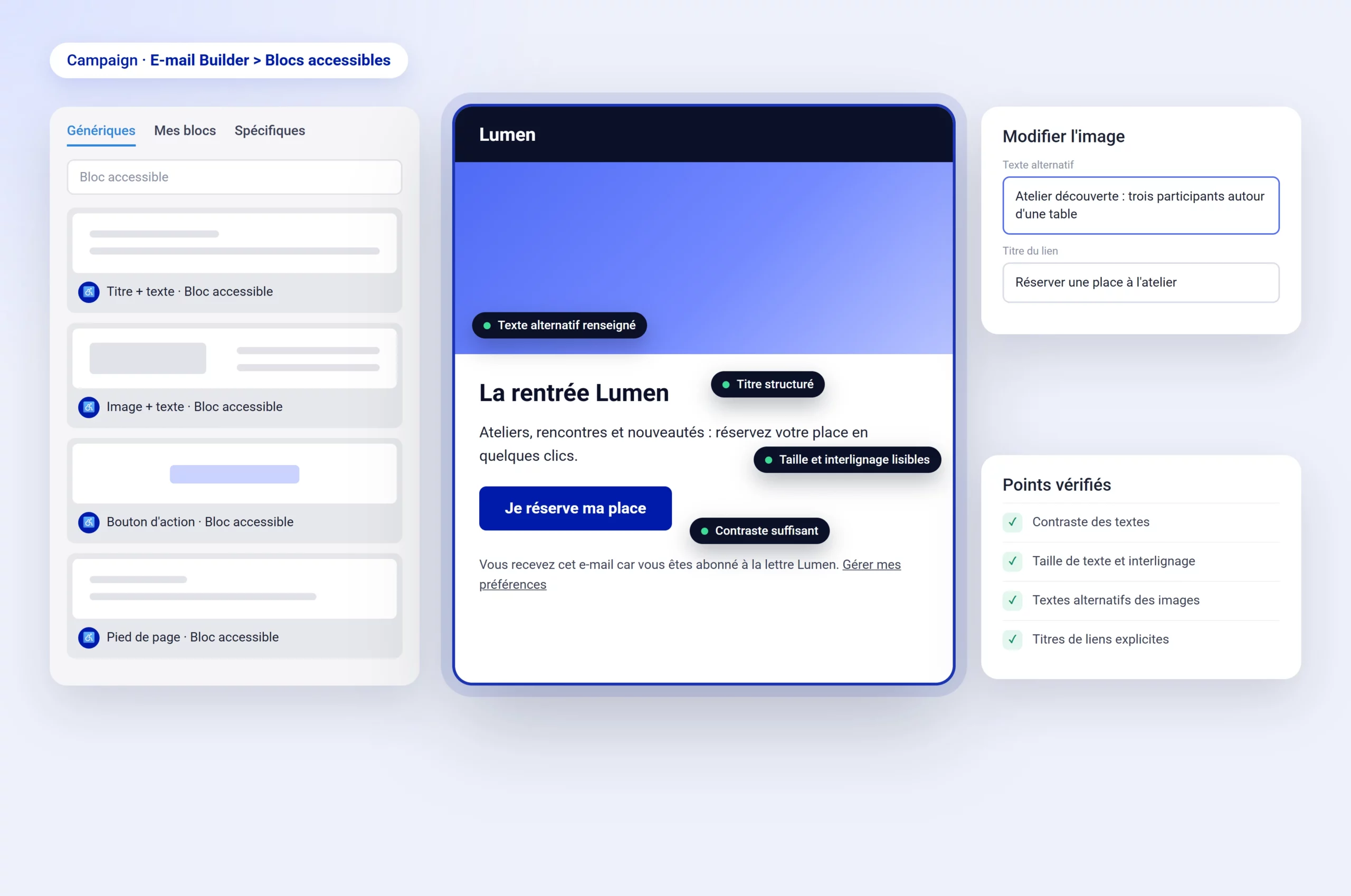 Blocs accessibles de l'E-mail Builder de Campaign, e-mail annoté et champ texte alternatif d'une image
