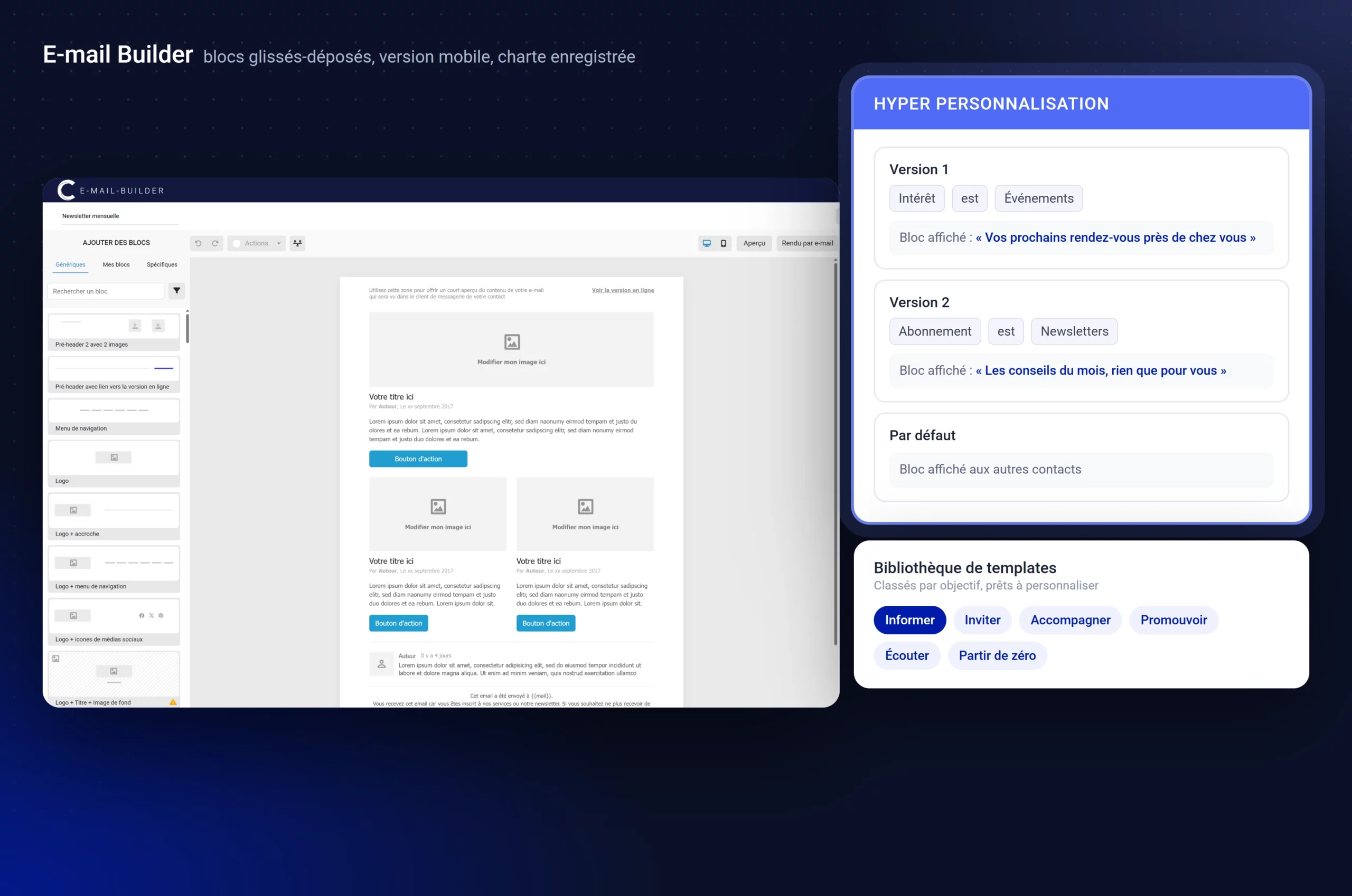 E-mail Builder de Campaign avec fenêtre d'hyper personnalisation et bibliothèque de templates classés par objectif