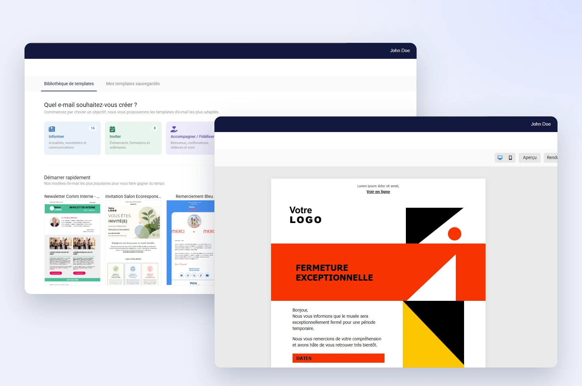 Bibliothèque de templates et éditeur de l'E-mail Builder de Campaign