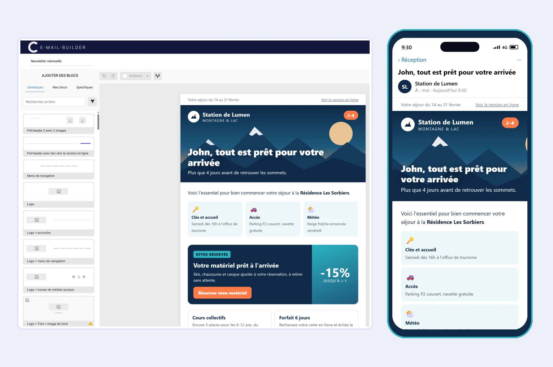 E-mail d'informations pratiques à J-4 avec offre de location de matériel, dans l'éditeur de Campaign et sur mobile